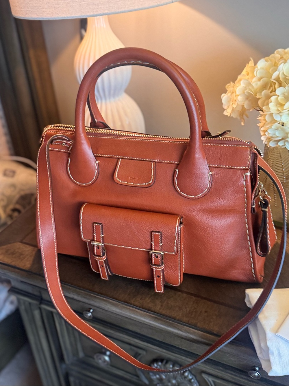 Chloe Leather Satchel Handbag in Rich Cognac